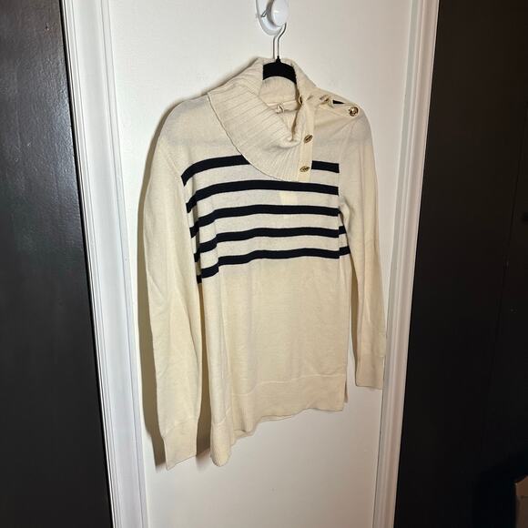 NEW Tory Burch Sandra Cream Striped Turtleneck Cowl Cashmere Sweater Size Small - Picture 5 of 14